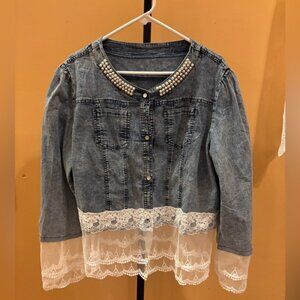Denim Shirt/Jacket with Pearl Accents and Lace Trim. Size 2X. Never Worn.